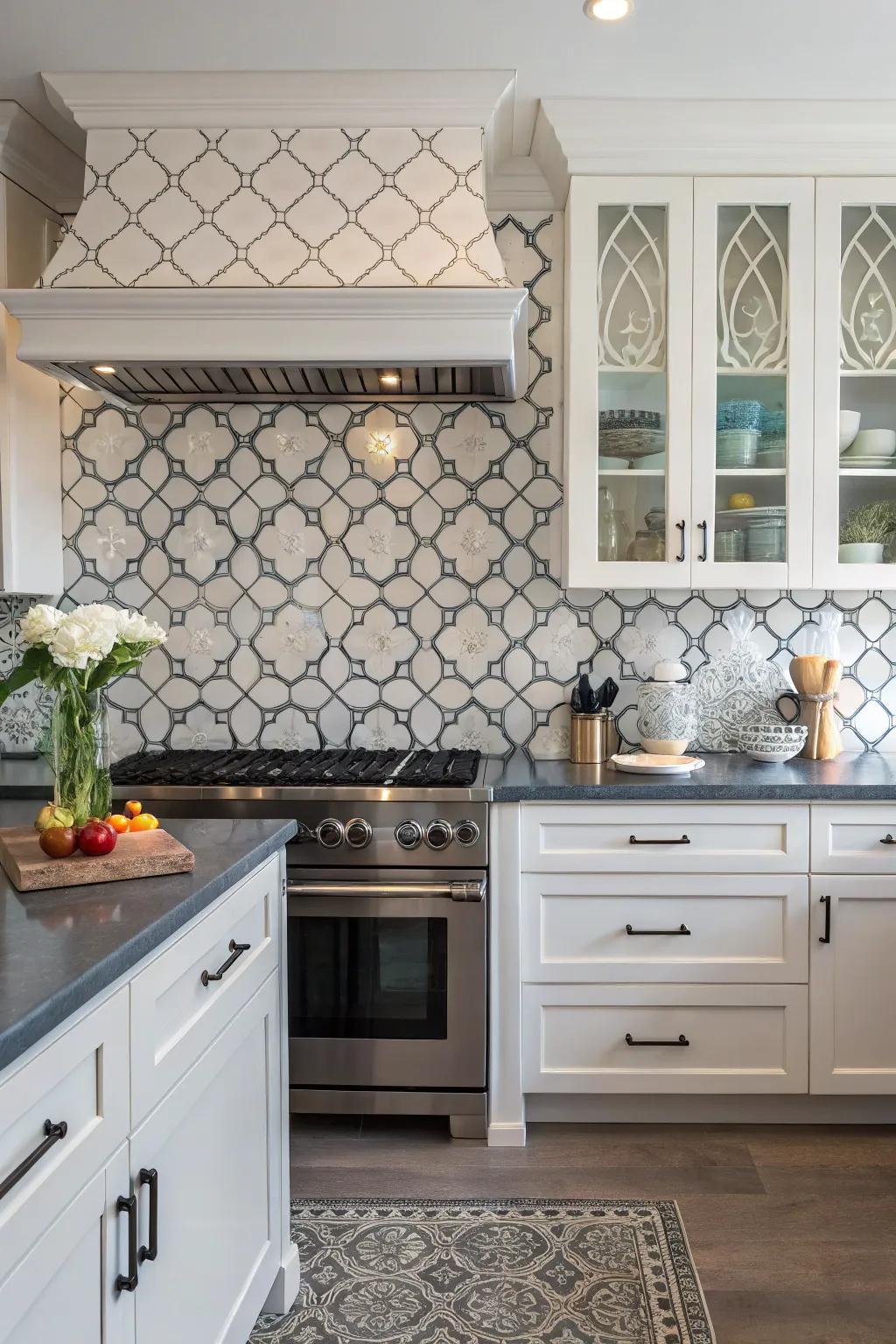 A modern kitchen showcasing an arabesque tile backsplash with contrasting grout for added elegance.
