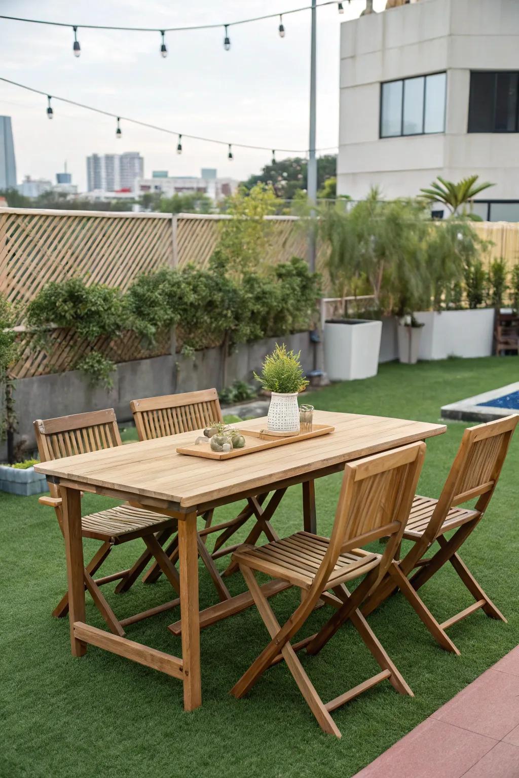 A chic dining area on lush artificial grass.