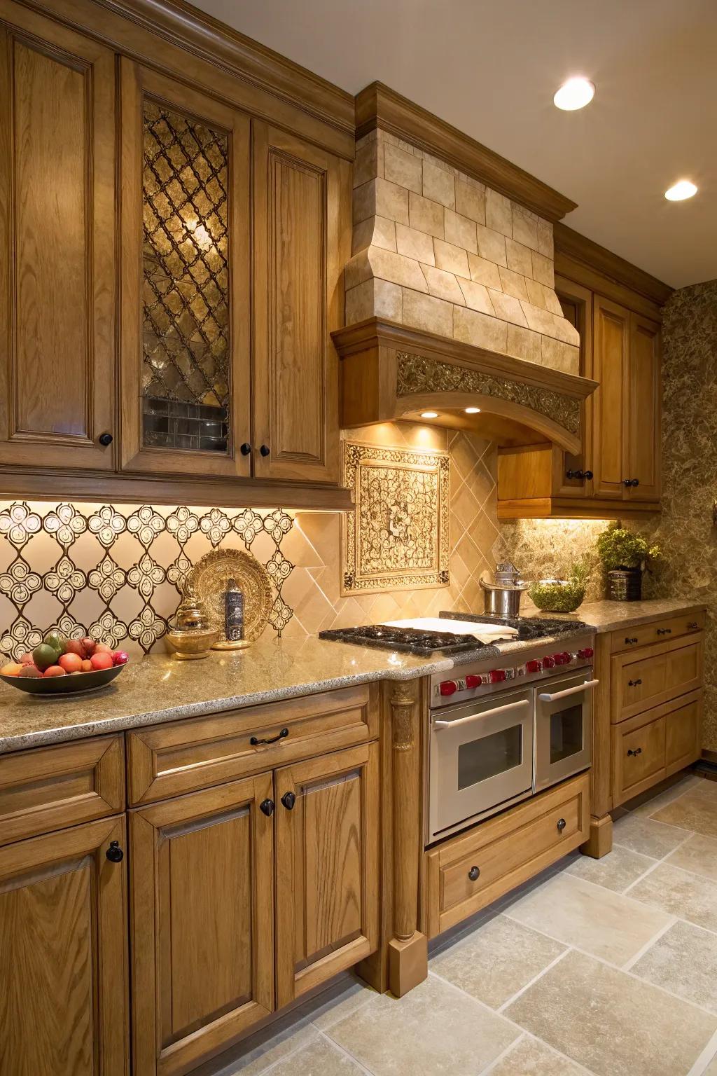 Textured tiles contribute a dimension of allure to the kitchen's design.