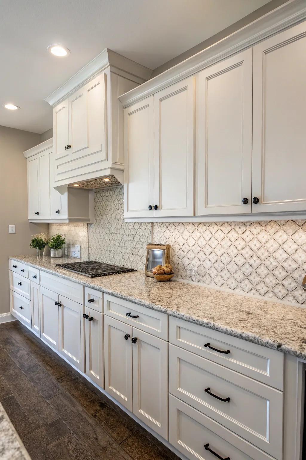 Detailed tiles fashion a dynamic and captivating visual impact in the kitchen.