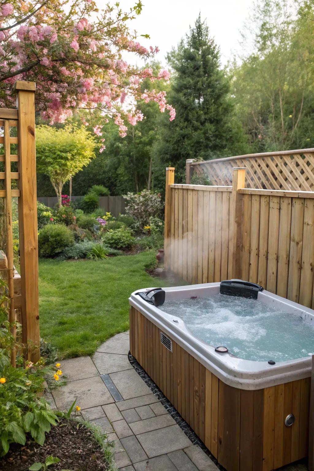 A rustic fence beautifully complements the natural setting of a backyard hot tub.