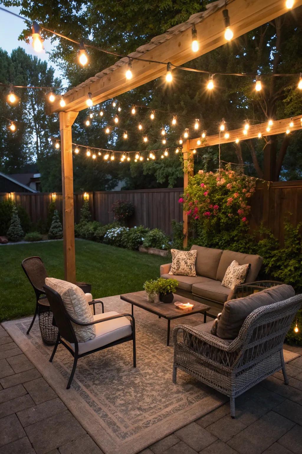 Twinkling string lights create a magical evening glow.