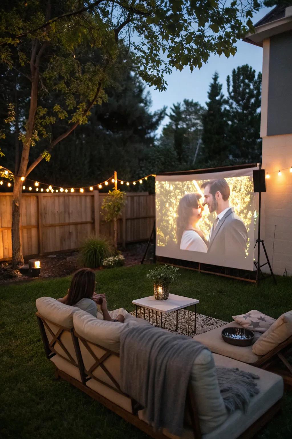 Outdoor movie night setup in a backyard, offering a nostalgic twist to a proposal.