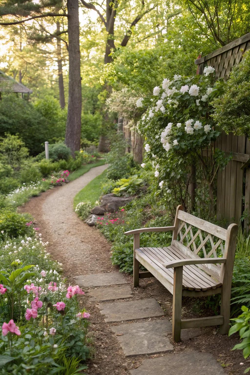 A cozy garden bench positioned perfectly along a scenic backyard trail.