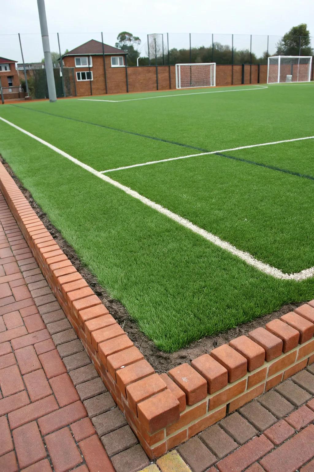 Neat brick borders defining vibrant artificial grass.