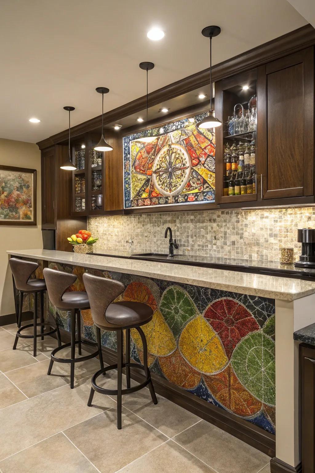 A home bar featuring an inventive art tile backsplash in various hues.