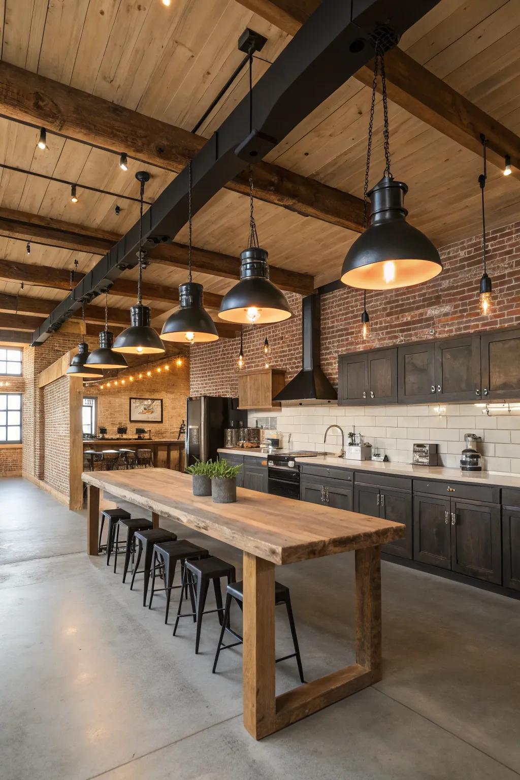 Factory style lighting brings a bold contrast to rustic elements.