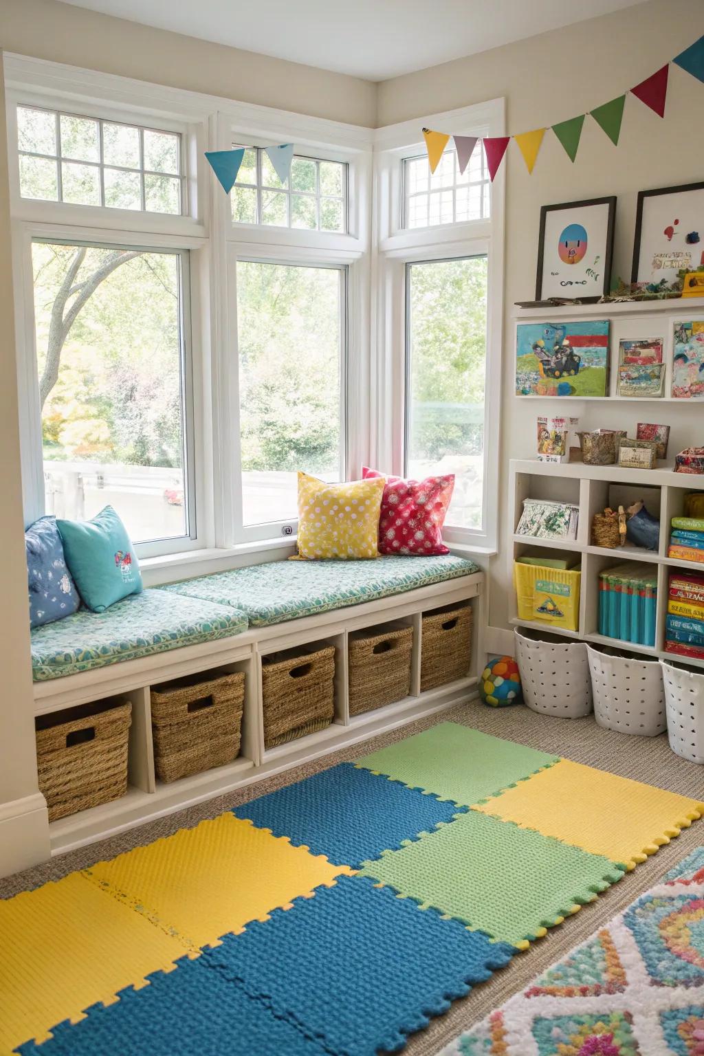 A bay window transformed into a children’s play zone offers a bright, joyful, and engaging space.