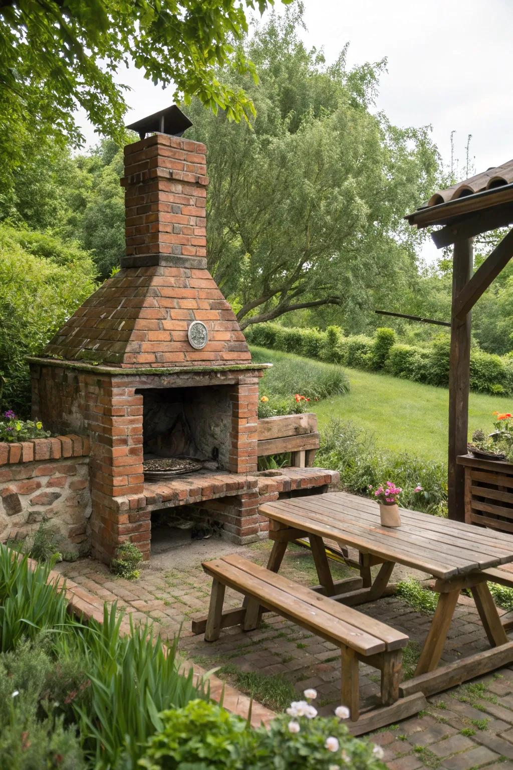 Charming rustic brick BBQ pit perfect for garden enthusiasts.