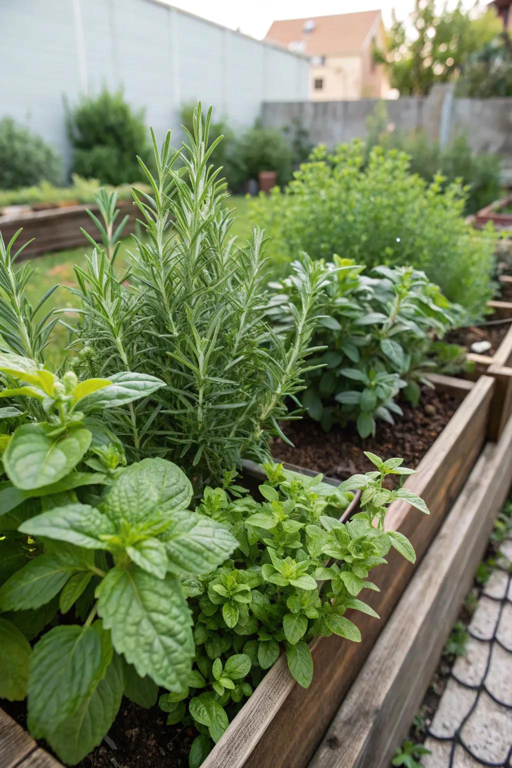 A fragrant herb garden featuring the delightful scents of basil, rosemary, and mint.