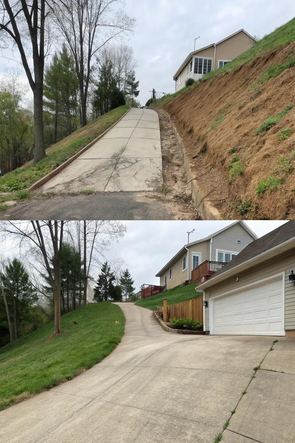 A driveway revamped with re-sloping to achieve a more gradual incline.