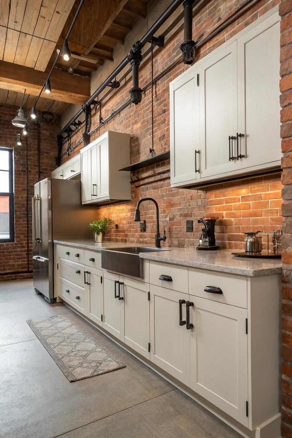 Exposed screw pulls bring an industrial edge to shaker cabinets.