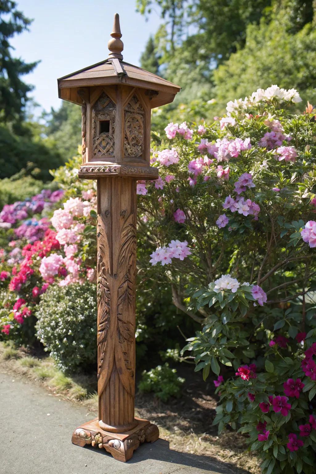 Elevate your garden's charm with a handcrafted bird feeder pole, where craftsmanship meets nature's beauty.