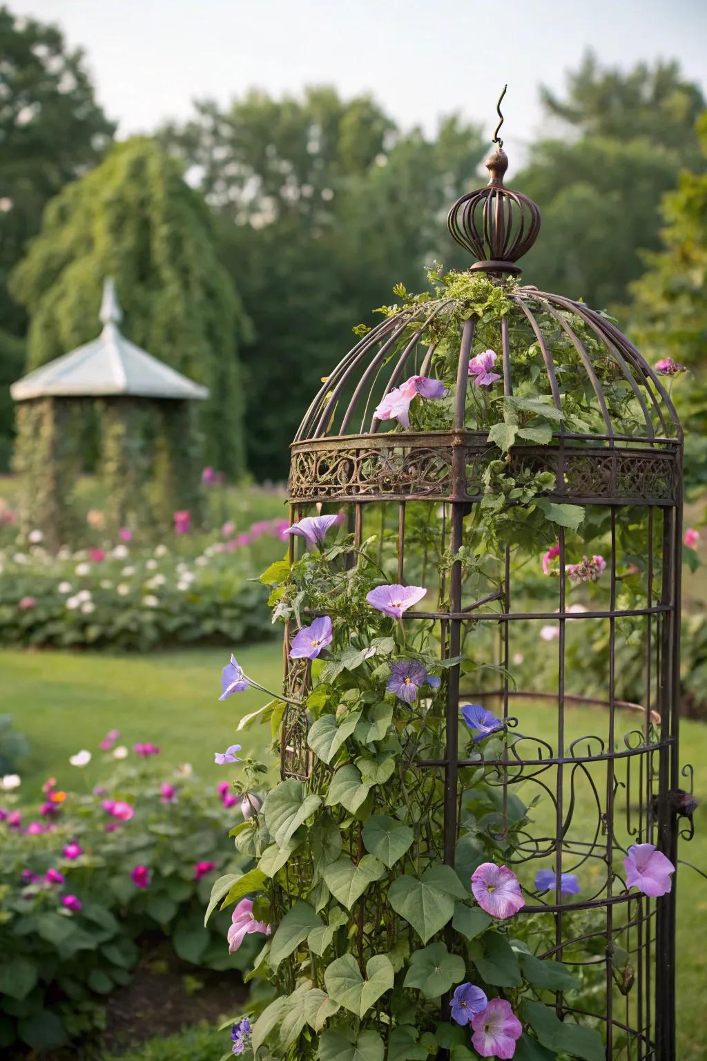 A birdcage trellis offers a unique structure for climbing plants.