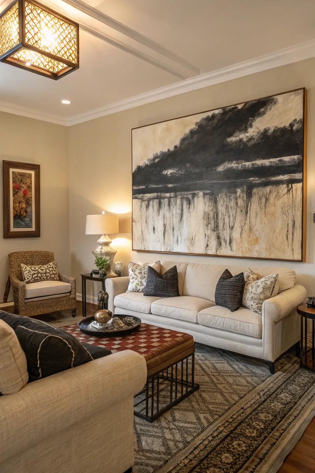 Abstract art ties the room's elements together beautifully.