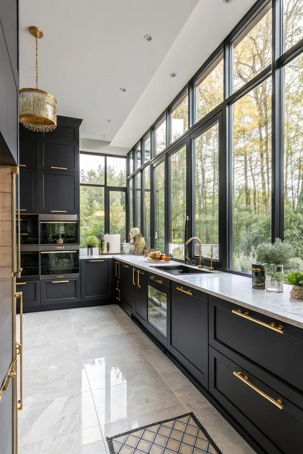 An open layout with black and gold accents enhances space and light.