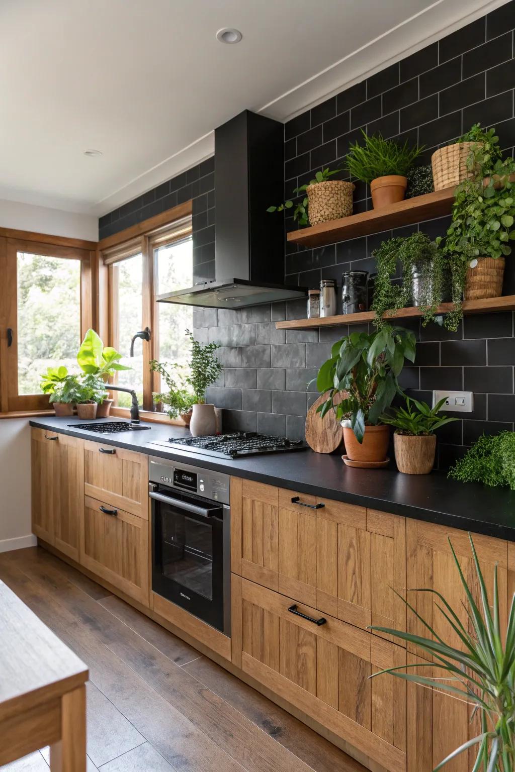 A kitchen where the starkness of black is softened by organic textures.