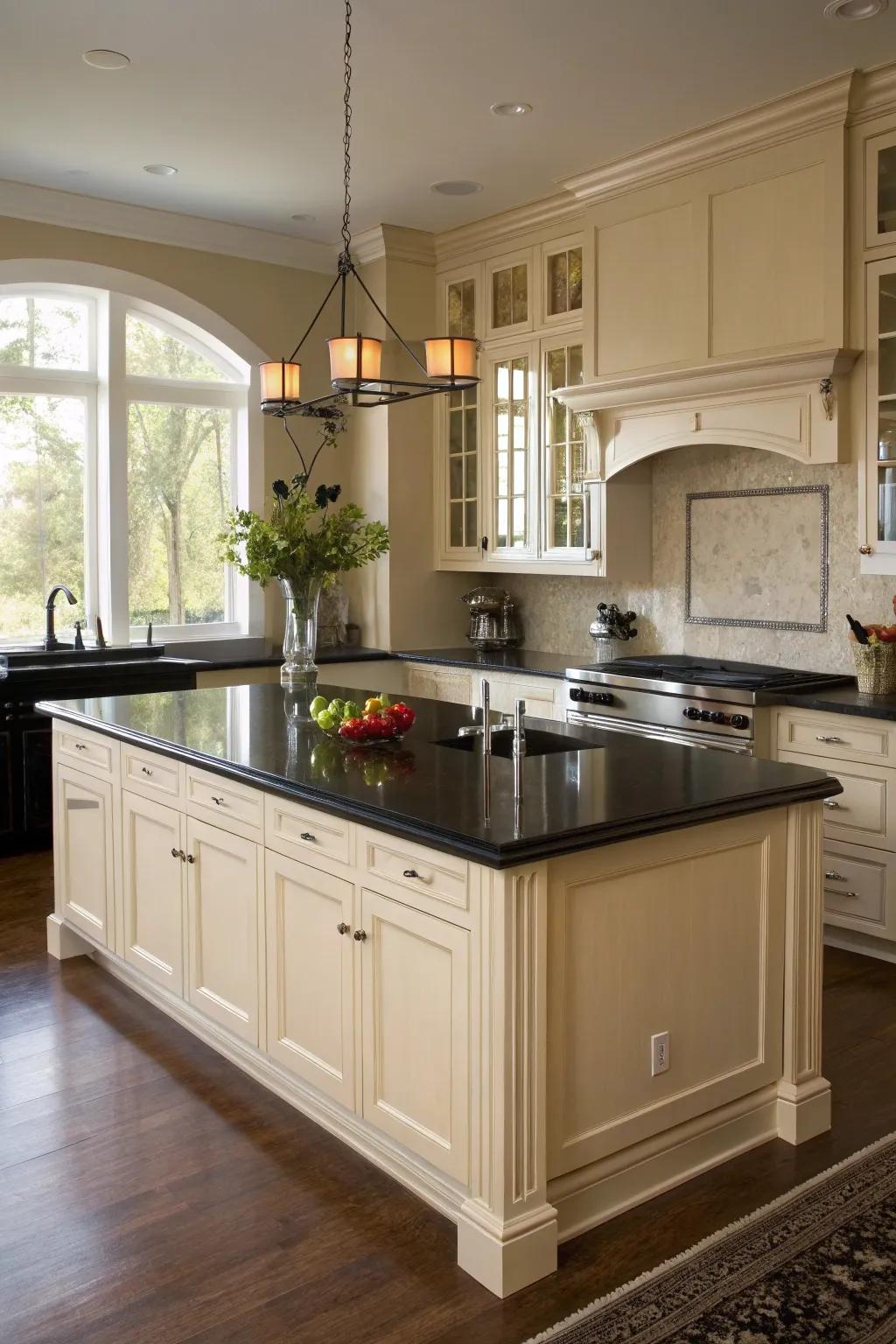 An ebony countertop island serves as a striking focal point.