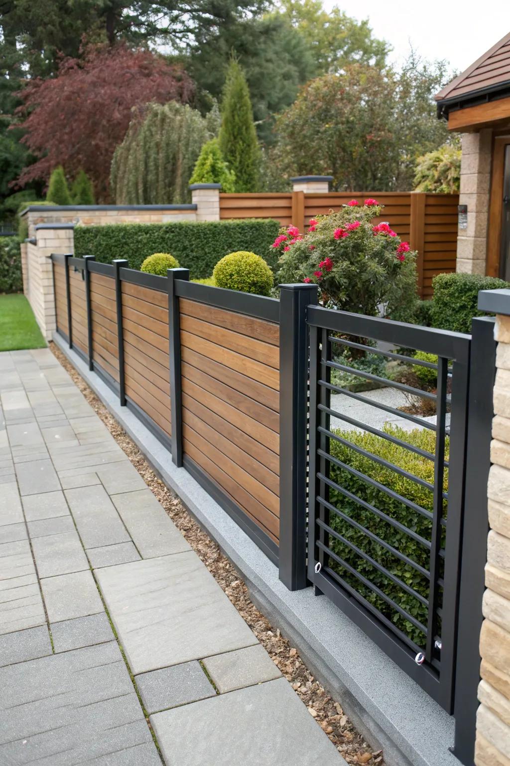 A mixed-material black fence adds texture and personality.