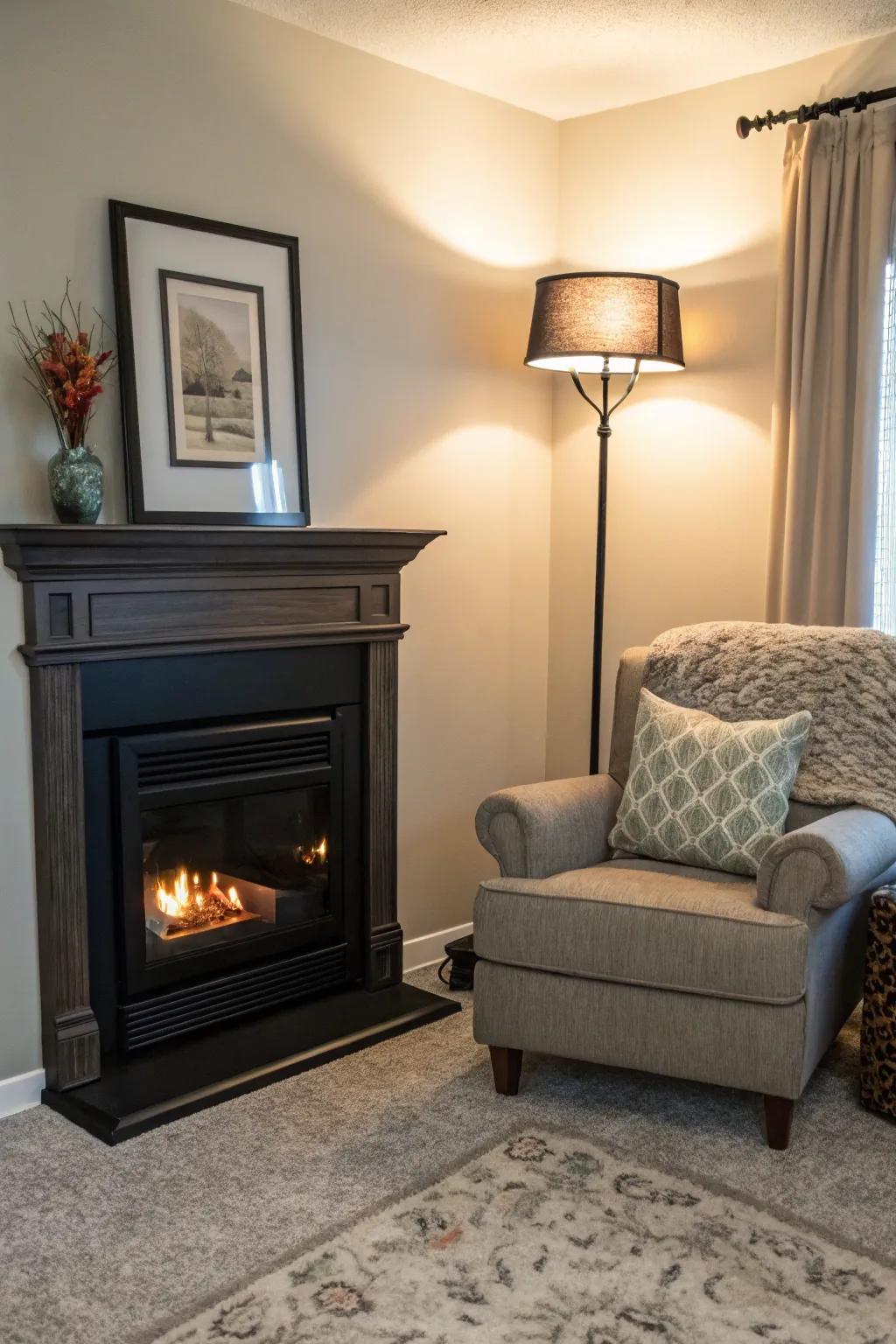 Optimize small spaces with a charming black corner fireplace.