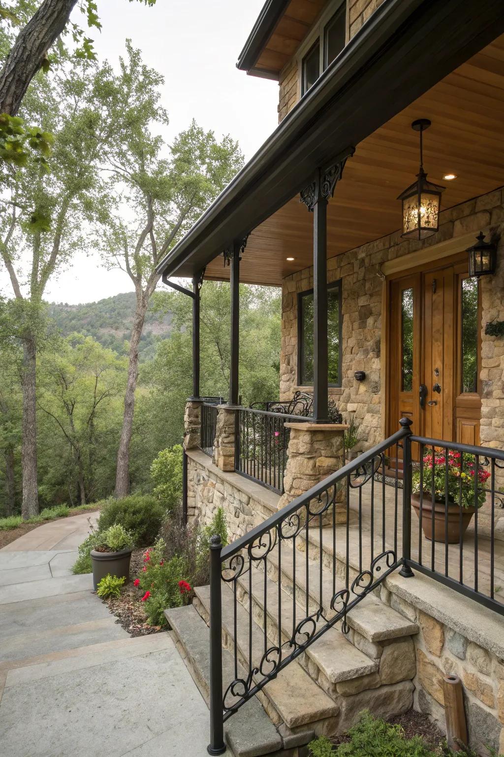 Rustic charm with black railings and stone creates a welcoming, cozy porch.
