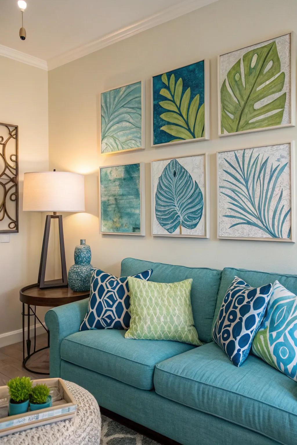 Contemporary artwork unifies the color scheme using a current style.