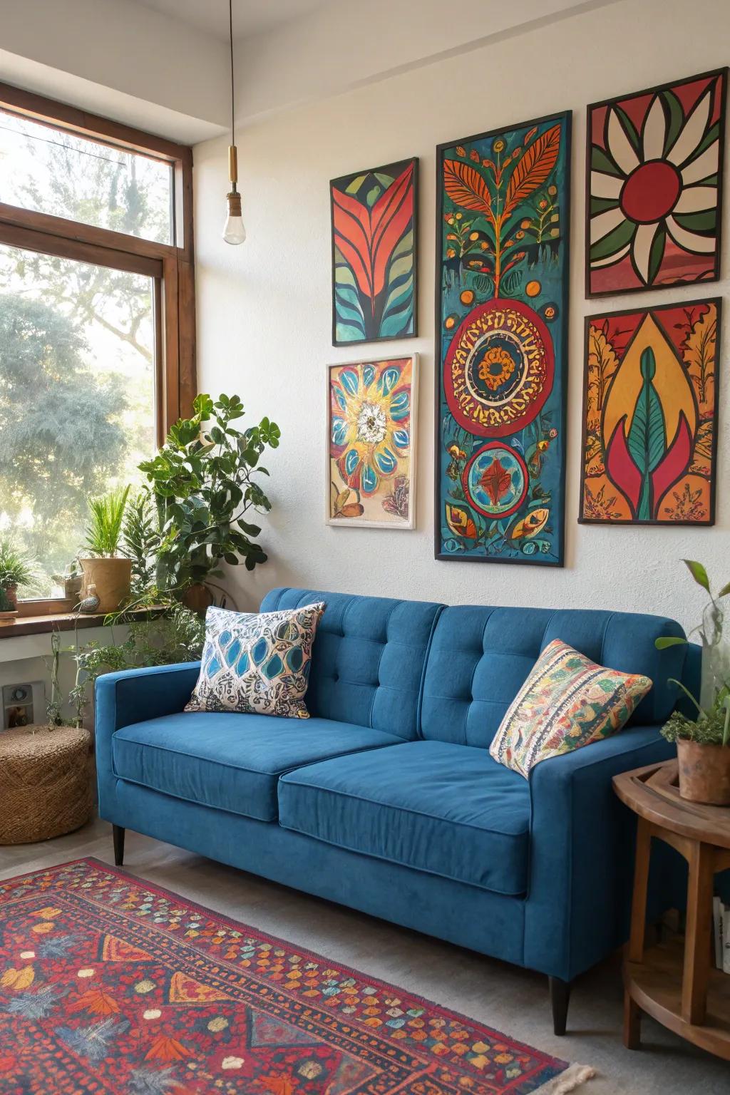 Bold artwork creates a striking contrast with the blue sofa.
