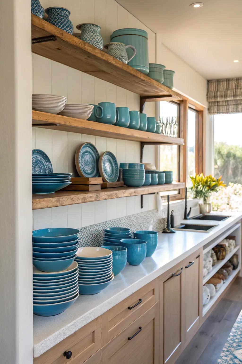 Exposed shelves with azure touches provide a stylish display.