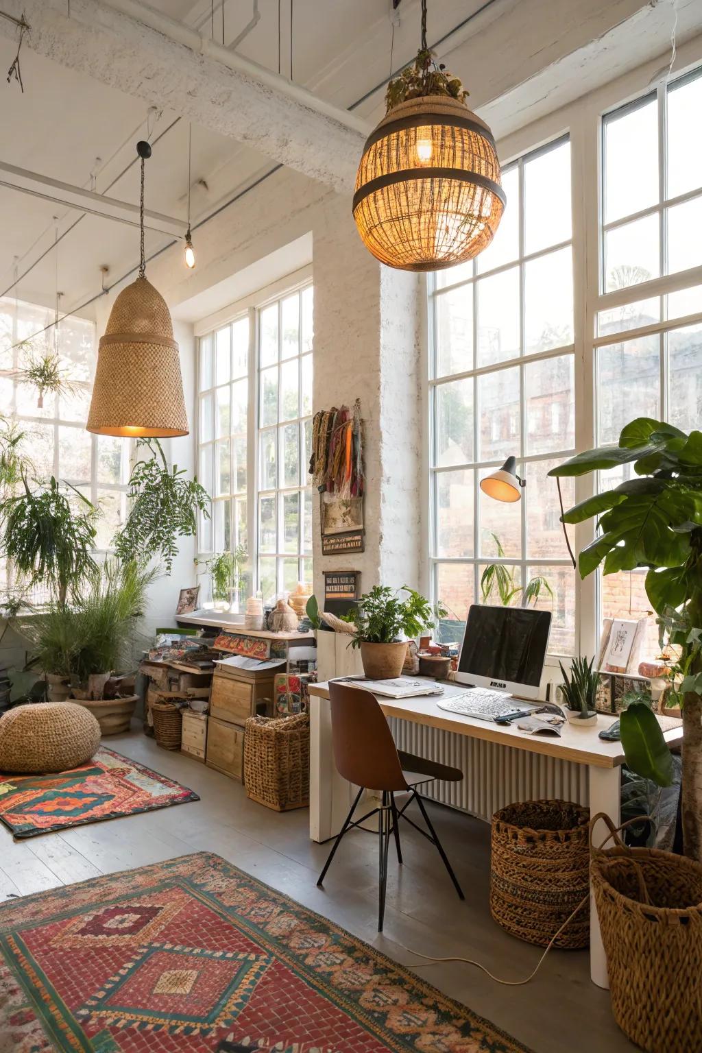 Natural and pendant lighting craft a cozy, inviting office space.