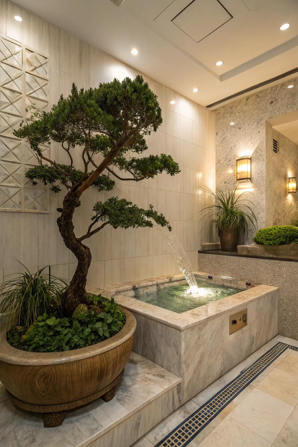 Bonsai harmoniously integrated with a gentle water feature