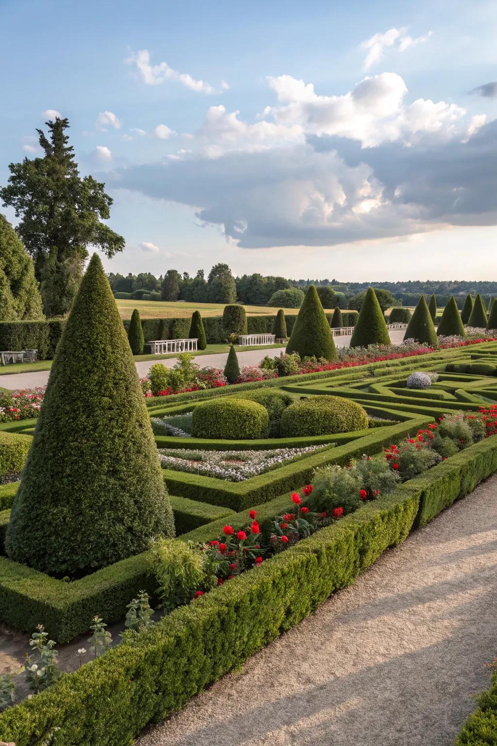 A formal garden border with geometric hedges.