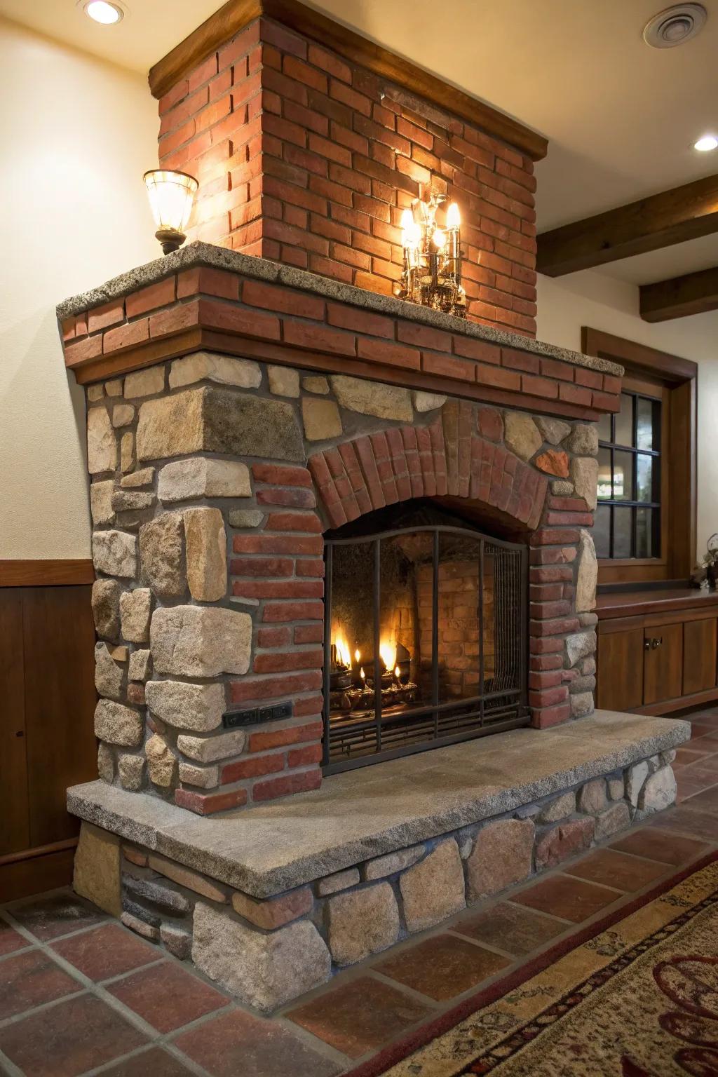 A hearth that blends brick and stone, delivering a unique mix of textures.