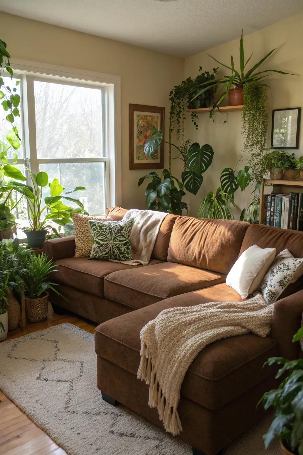 Houseplants add freshness and vibrancy to a brown sectional living room.