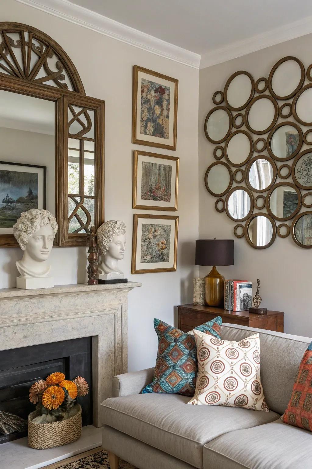 Reflectors and artworks can amplify the depth and aesthetic appeal of your living room.