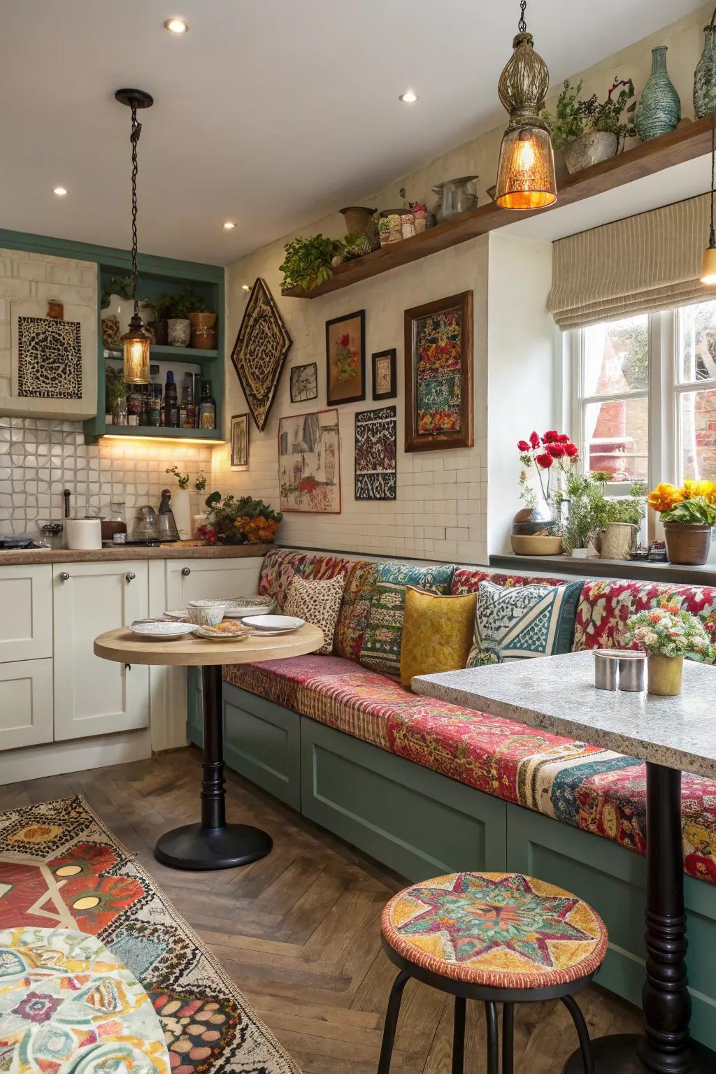 An eclectic fusion of textures and patterns creating a unique kitchen ambiance.