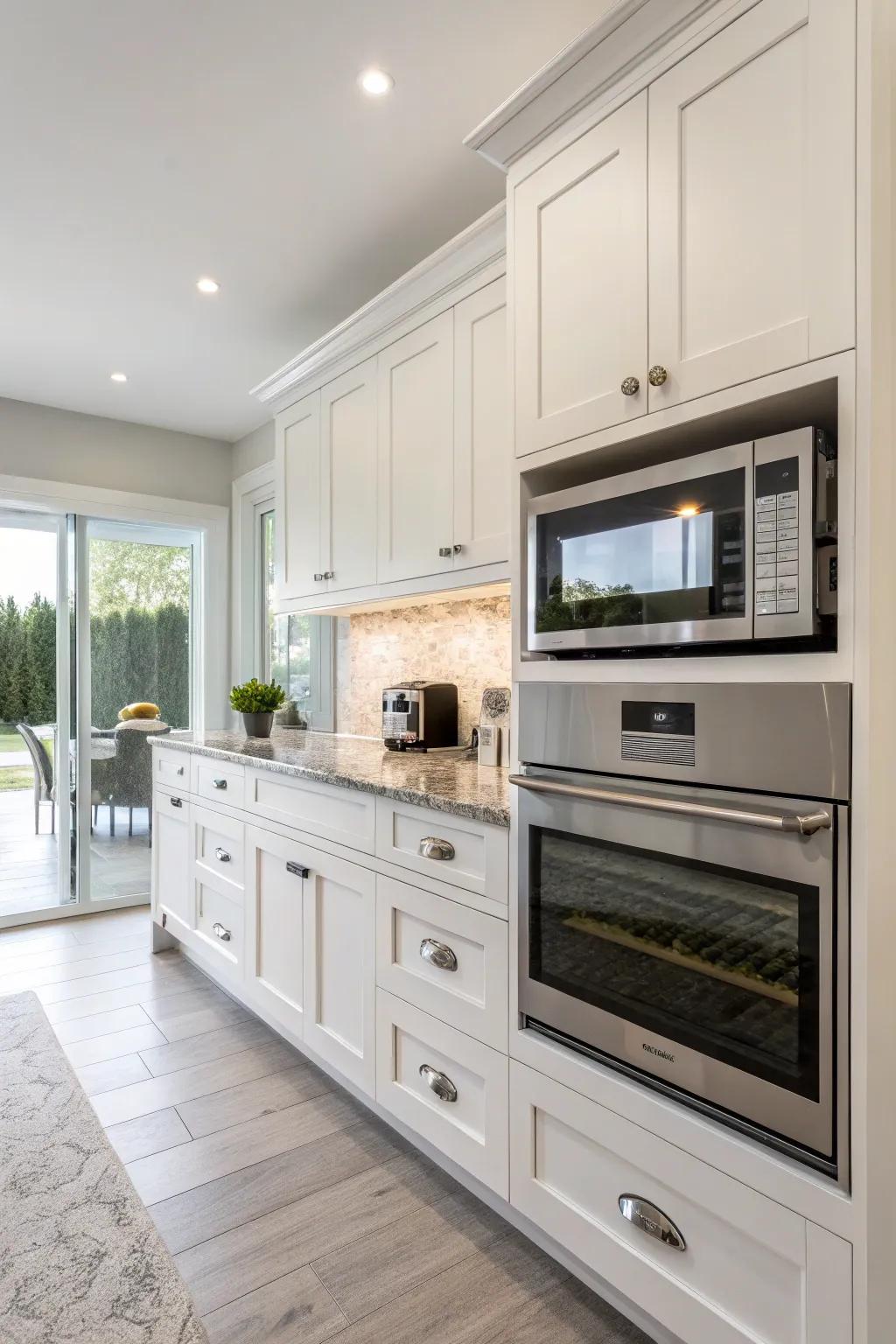 Modern kitchen displaying a pull-out cabinet for the microwave.