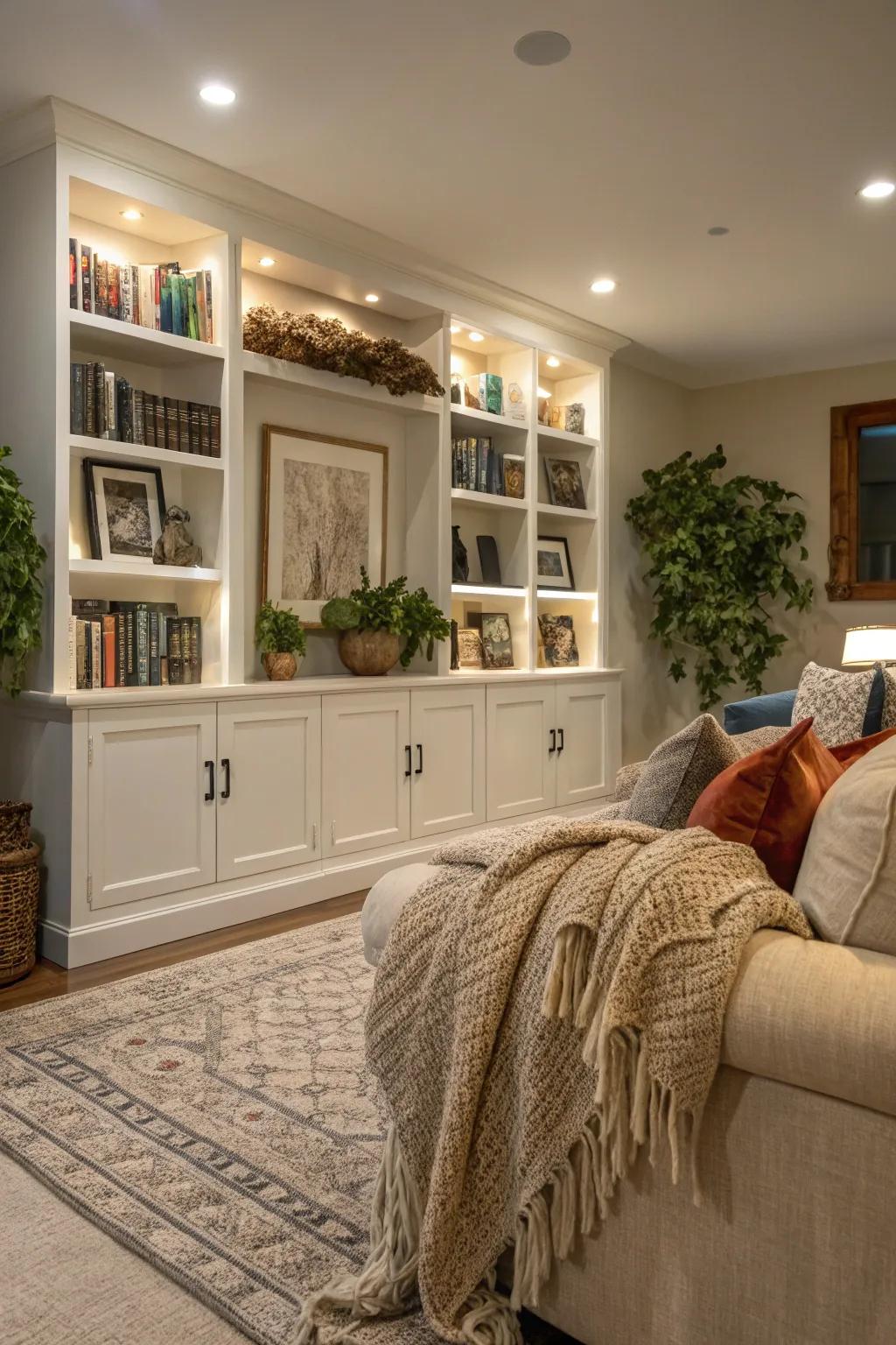 The space's coziness is enhanced by soft furnishings and ambient lighting.