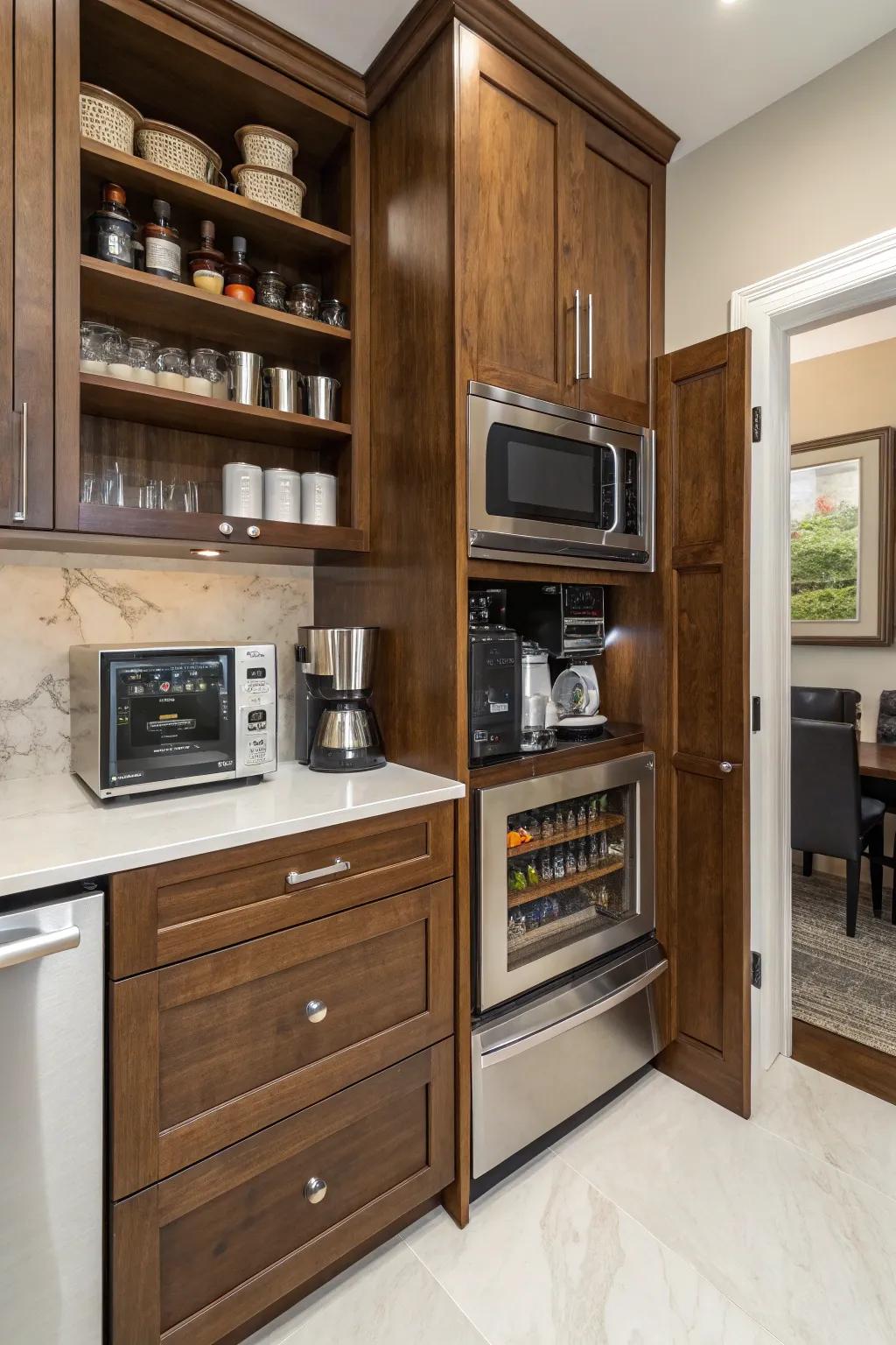 Small appliances are neatly arranged within the pantry design.