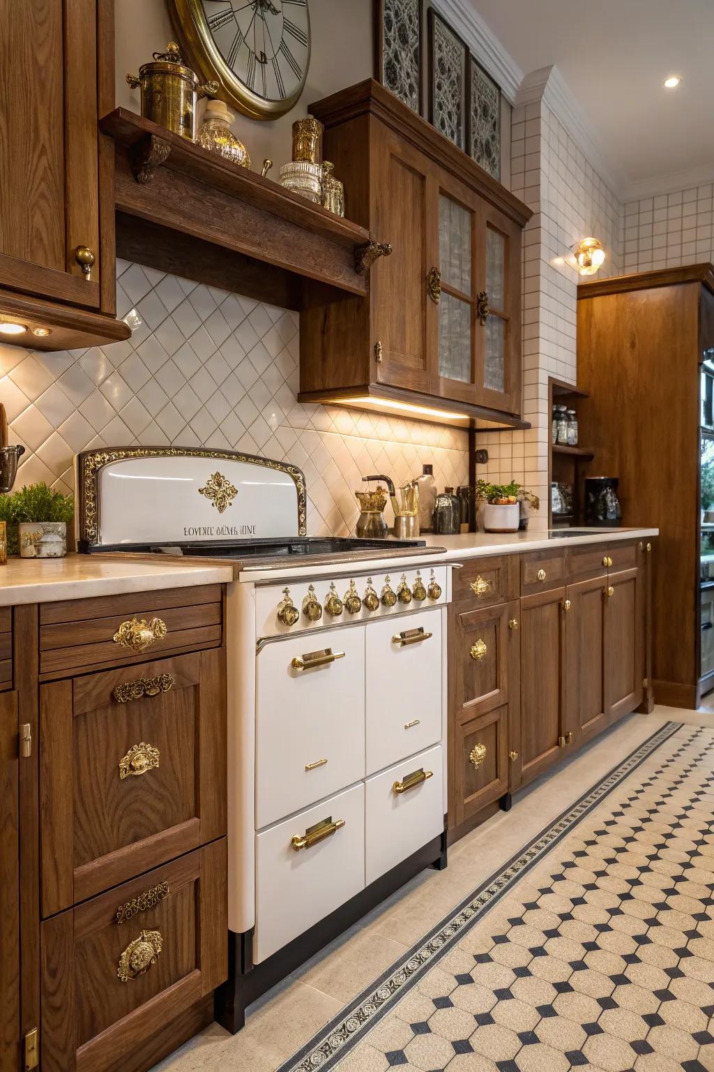 Antique brass knobs add a classic touch to vintage-inspired cabinets.
