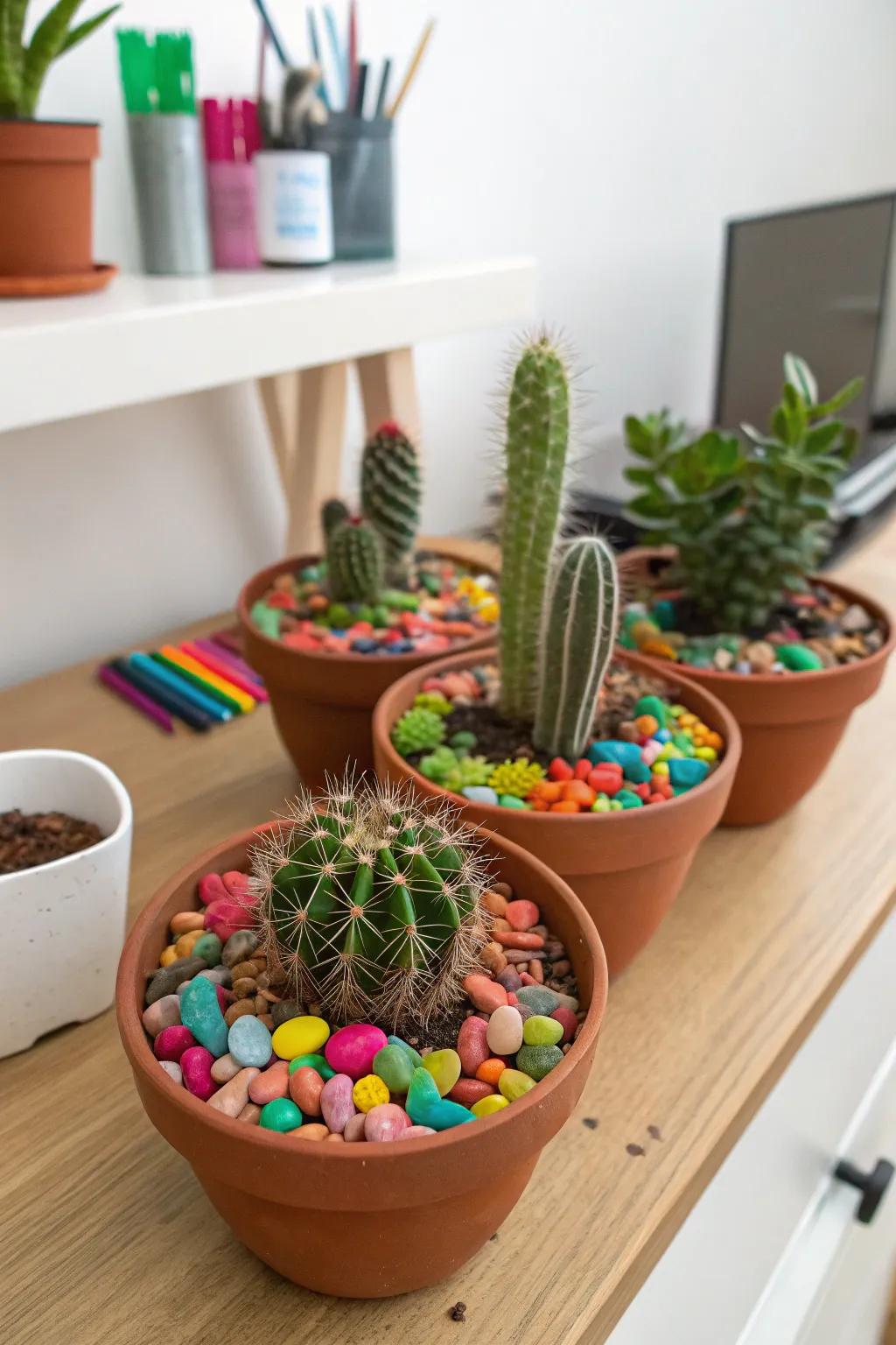 Bright pebbles adding vibrancy to a cactus arrangement.
