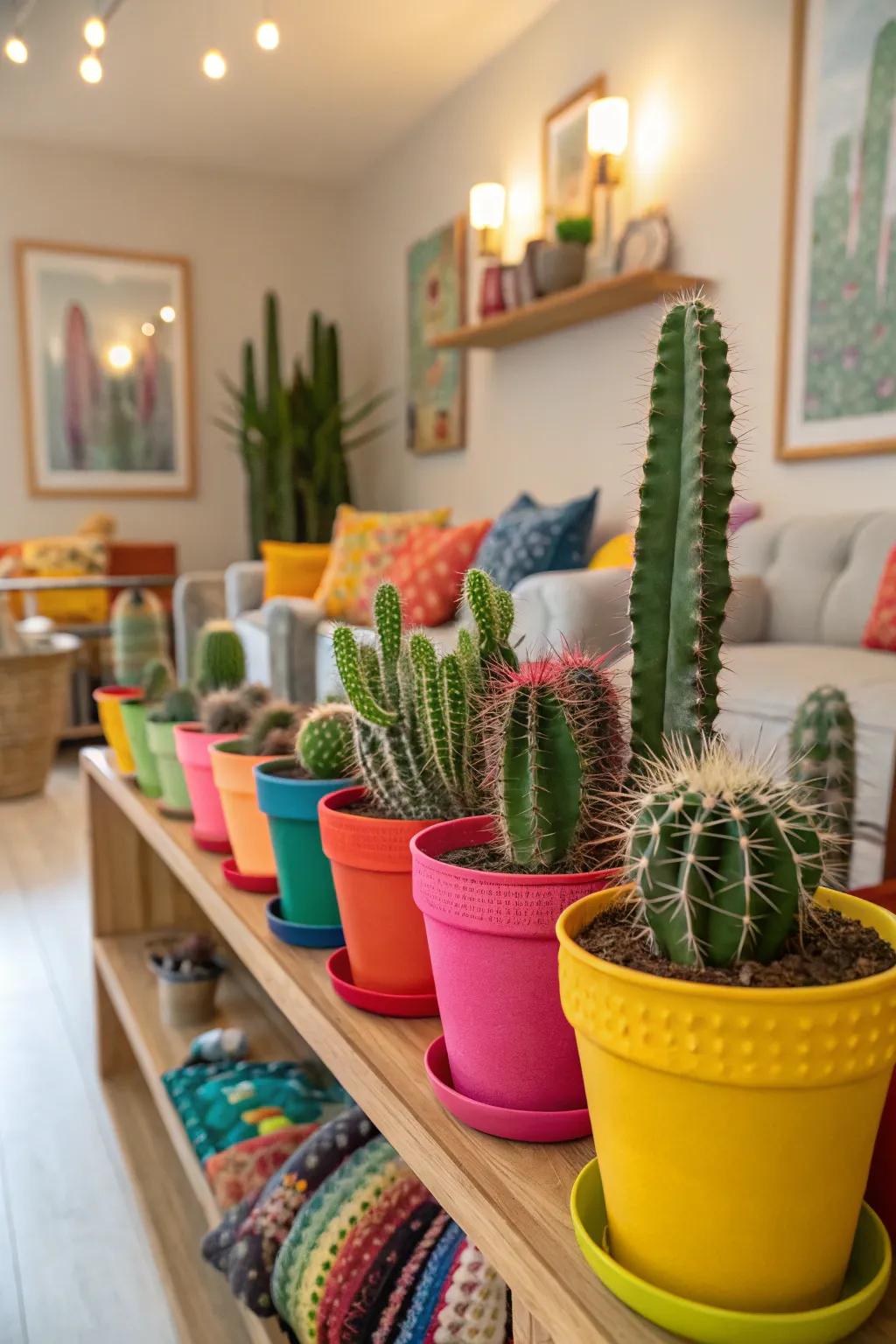Multihued embellished vessels instill a vibrant dash to your cactus gathering.