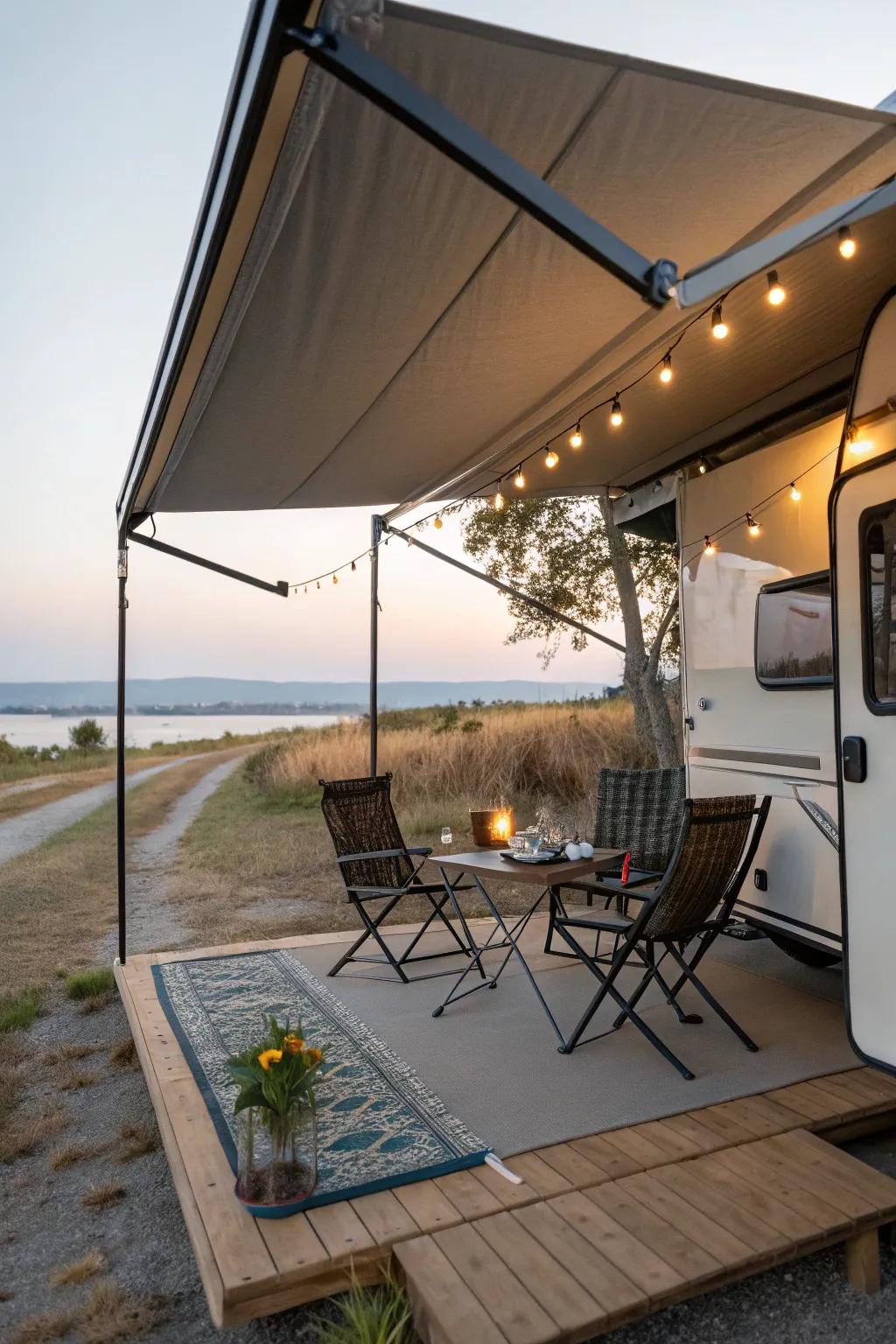 An awning offering shelter and shade on a camper porch.