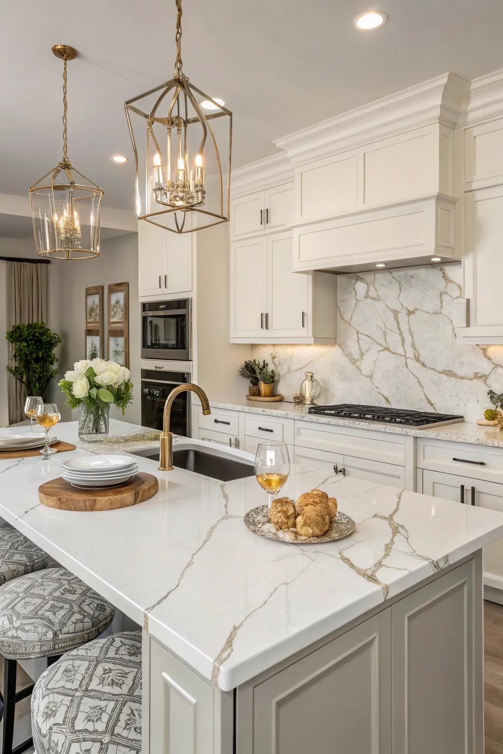Elegant kitchen with quartz countertops that mimic natural stone.