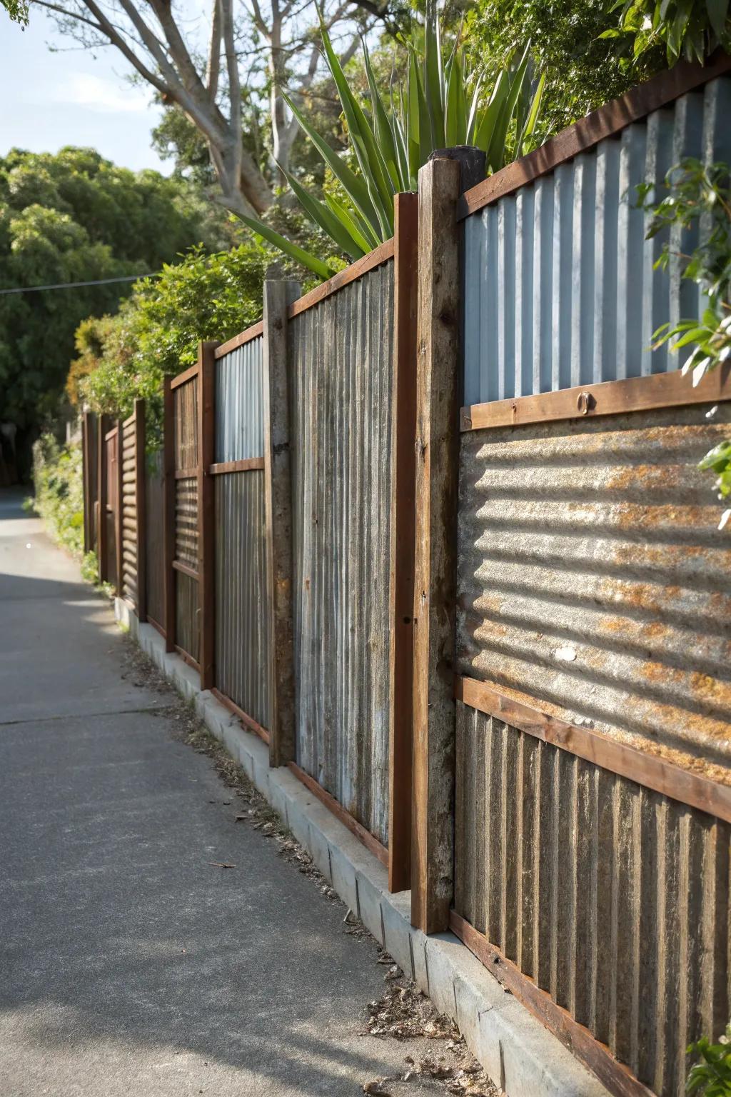 Repurpose with style: Transform your backyard with an industrial edge using recycled corrugated metal sheets.