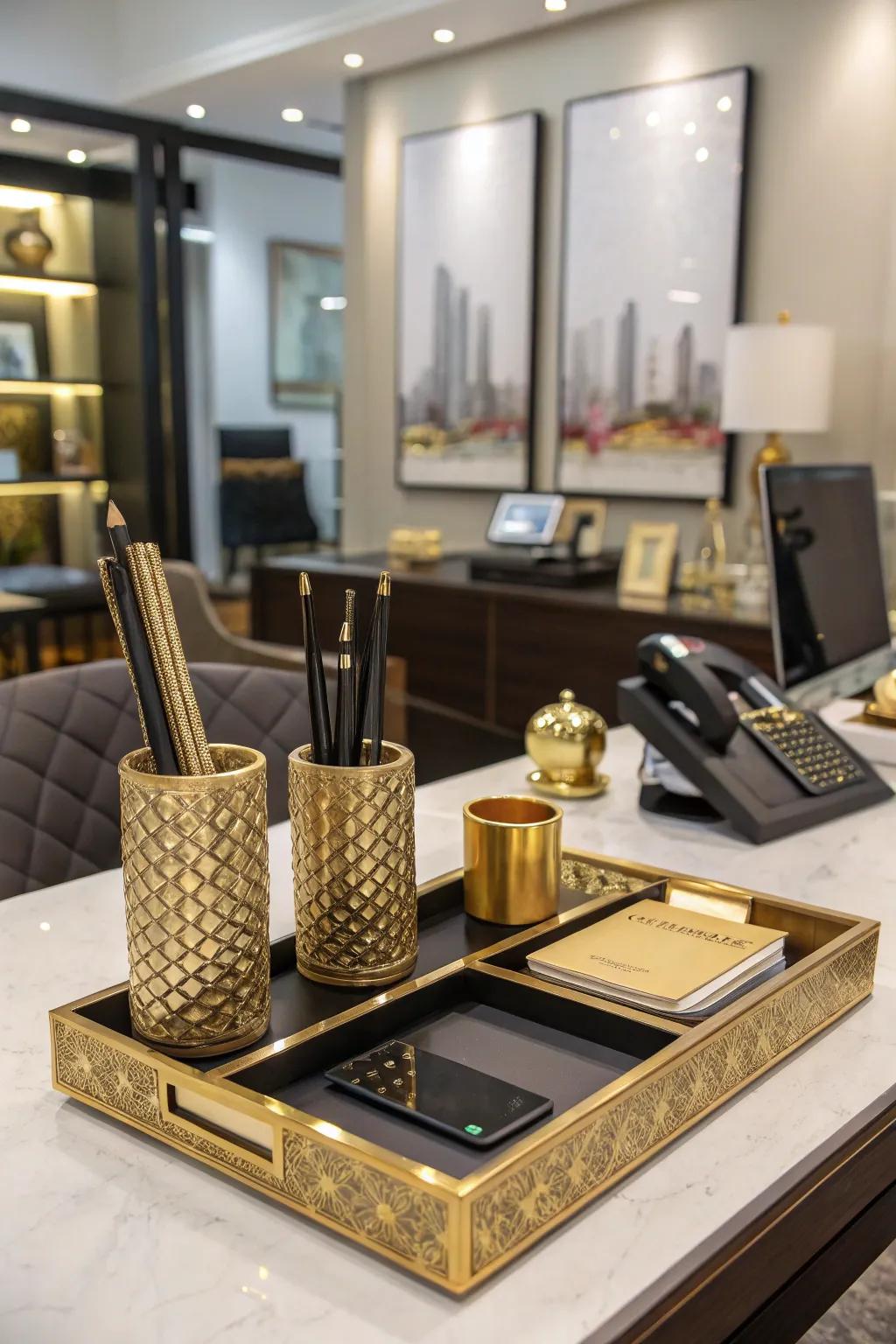 Metallic touches add a sense of luxury and sophistication to the workspace.