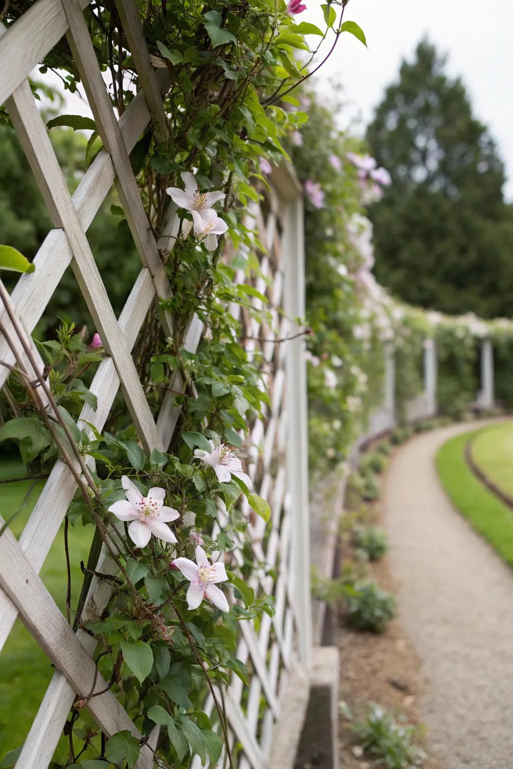 Evenly patterned clematis produce intricate patterns on a structured trellis.