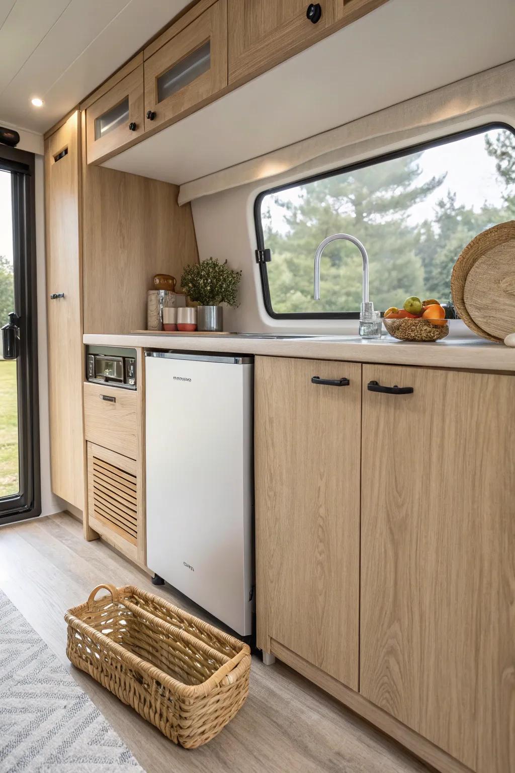 Effortless elegance and functionality: Discover the charm of an under-counter fridge for your campervan kitchen.