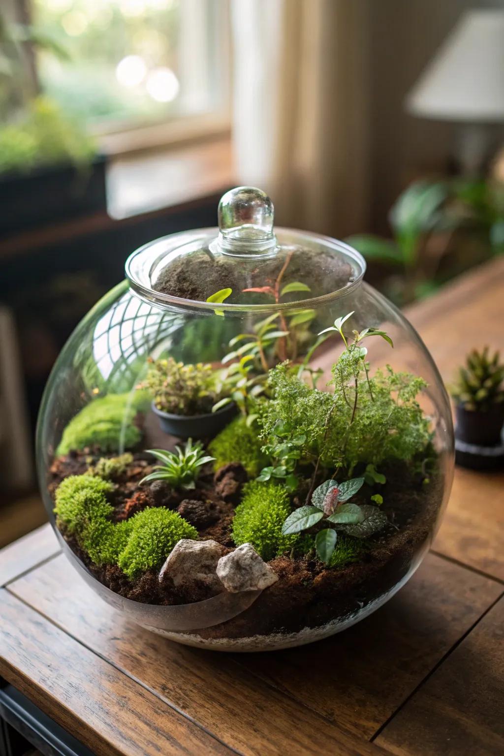 A mystical moss world terrarium, turning corners into nature retreats.