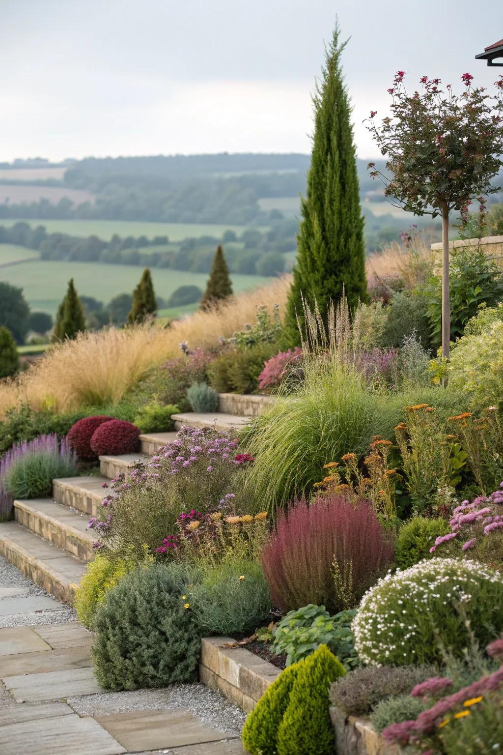 Tiered gardens amplify the depth and richness of a coastal space.