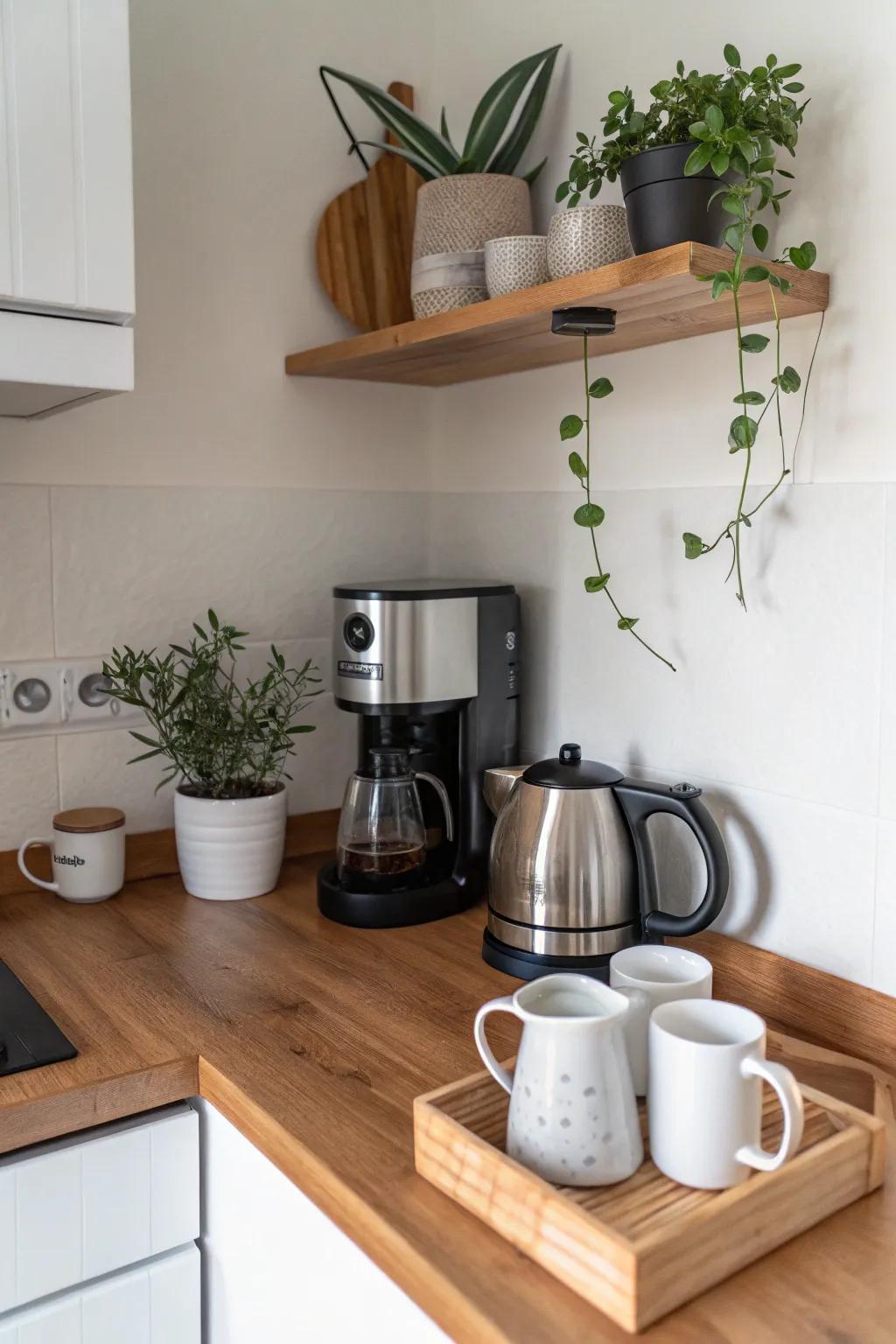 A minimalist coffee and tea station provides a clean and uncluttered atmosphere.